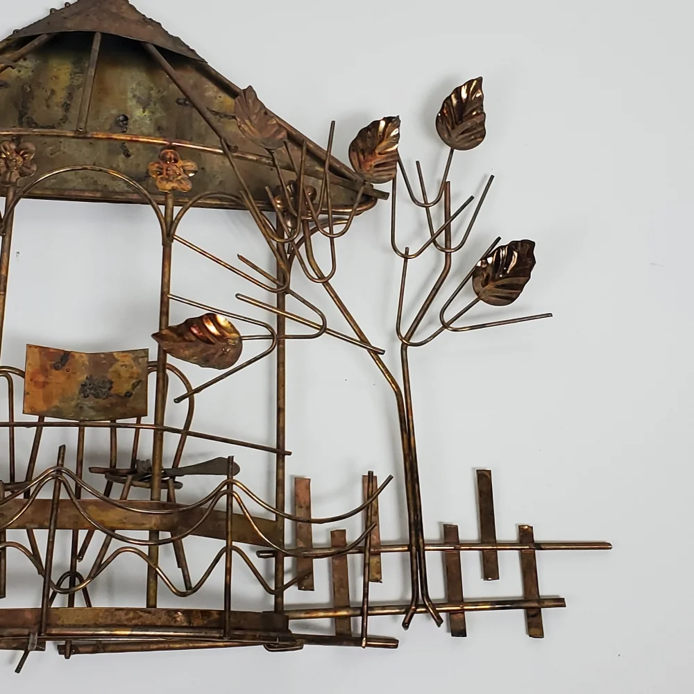 Vintage Emesco 3D copper wall art gazebo, park bench, trees, and flowers - Picture 6 of 12